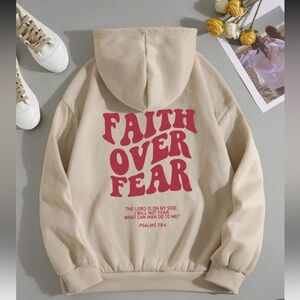 Beige Hoodie with Red Faith Over Fear Print